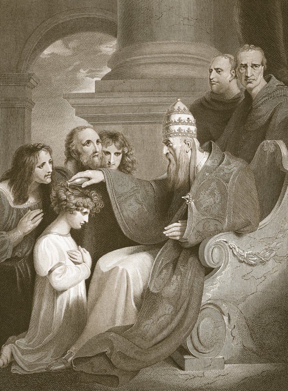 Prinz Alfred vor Papst Leo III., graviert von J. Stow, Illustration aus David Humes 