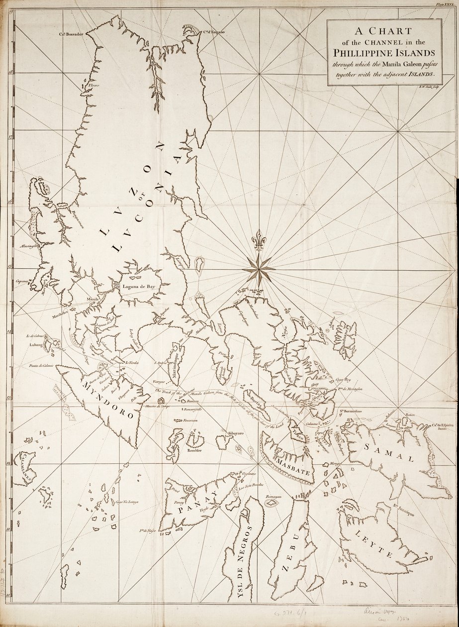 Karte des Kanals in den Philippinen, durch den die Manila Galeone fährt, zusammen mit den angrenzenden Inseln von Richard William Seale