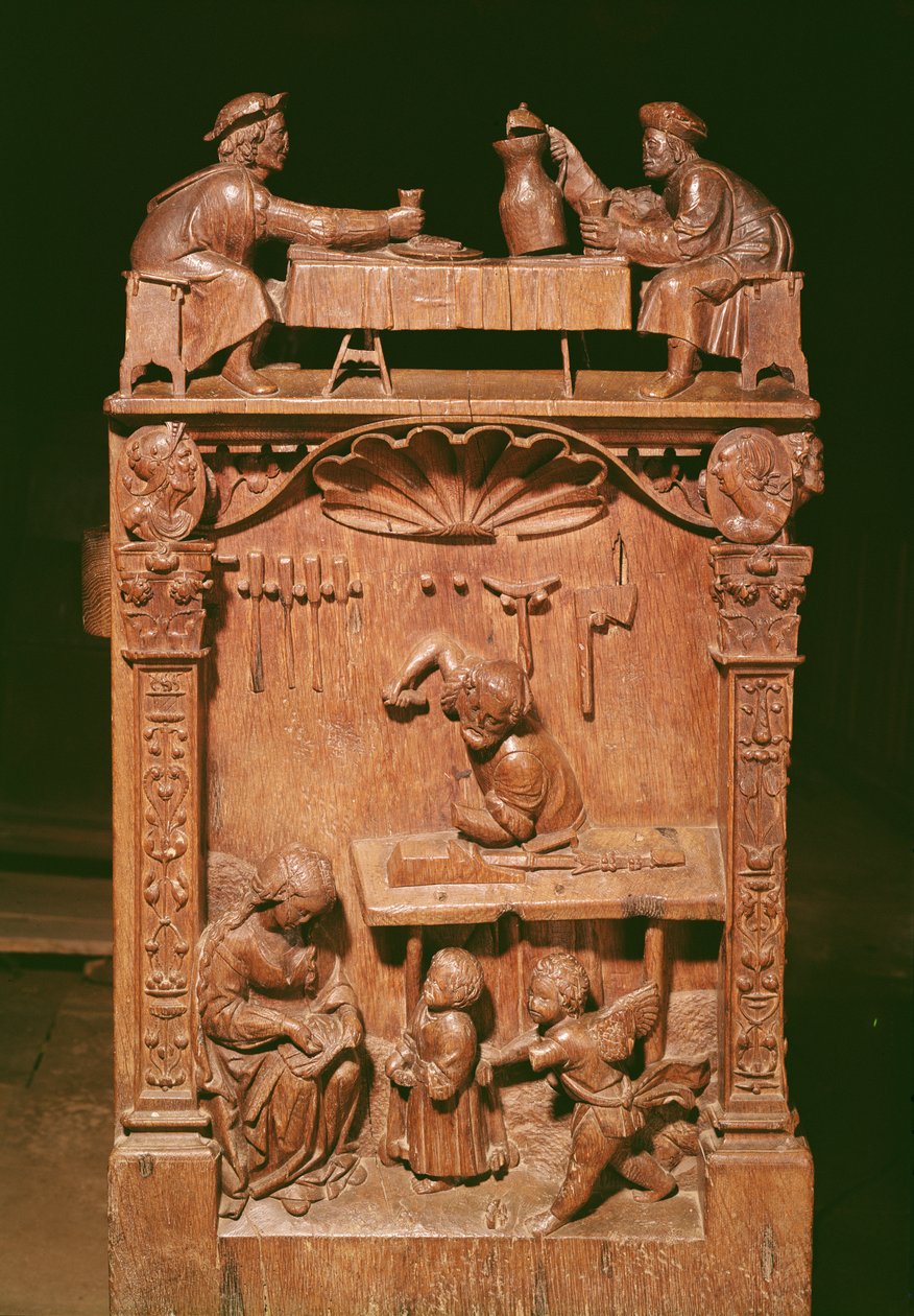 Chorgestühle darstellend (oben) die Rigoley Brüder und (unten) die Werkstatt in Nazareth, 1526 (Holz) von Rigoley Brothers
