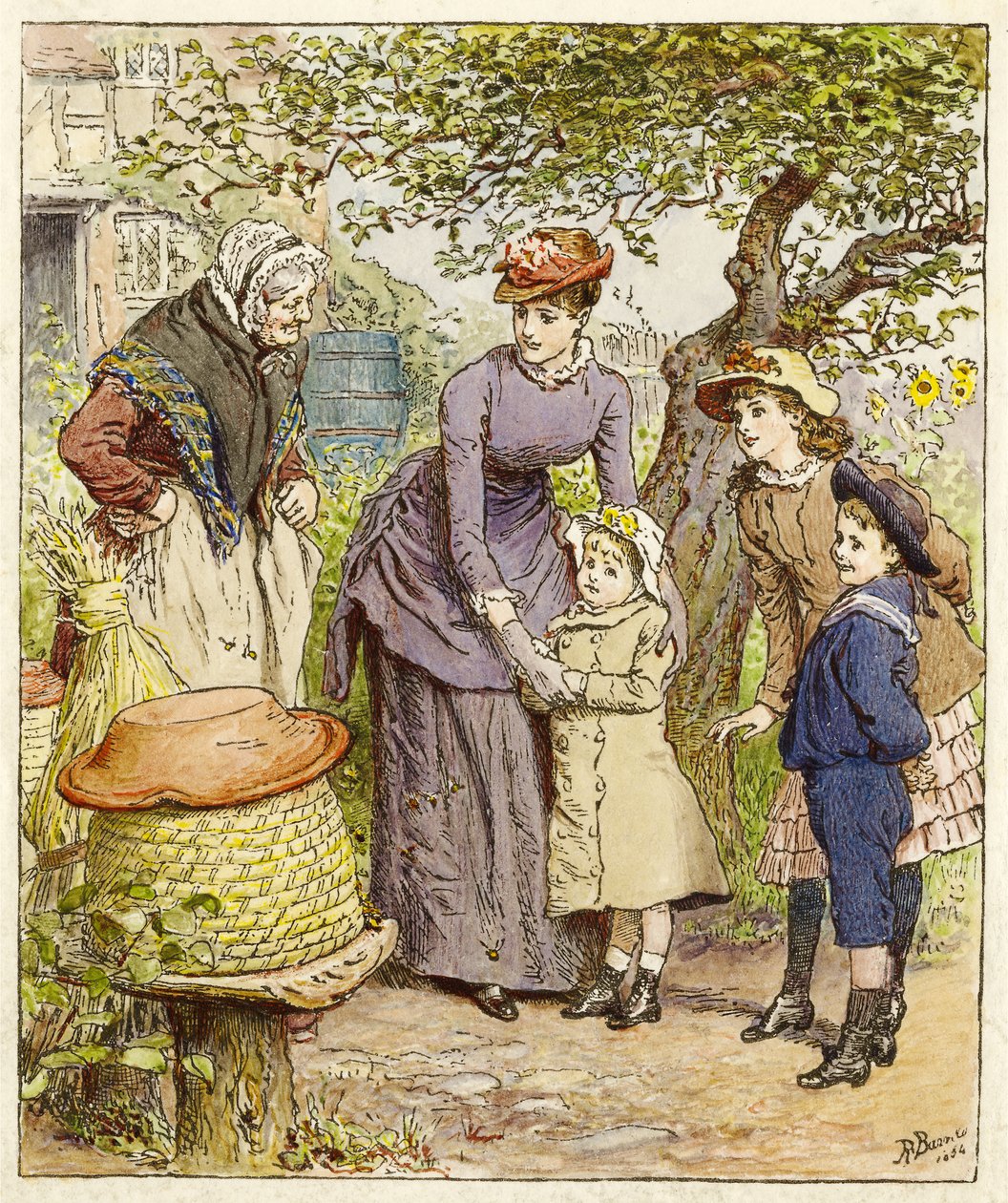 Mutter und Kinder bei einem Bienenstock, veröffentlicht 1854 von Robert Barnes