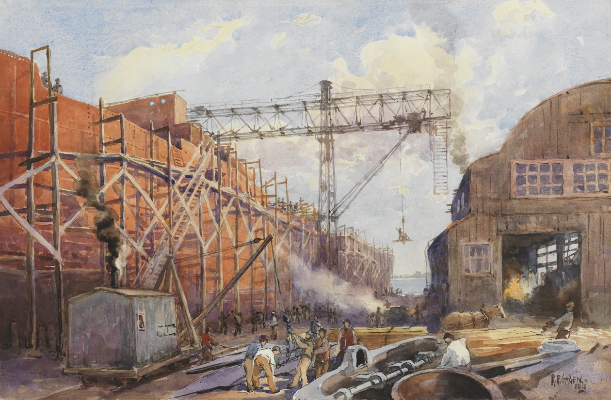 Polson Eisenwerk Hof, Schiff Krieg Hydra auf Lager, 1918 von Robert Ford Gagen