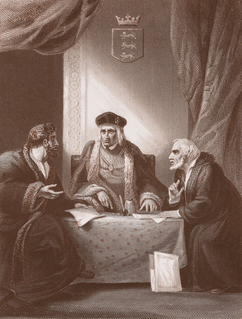 Heinrich VII. mit Empson und Dudley, graviert von A.H. Payne von Robert (after) Smirke