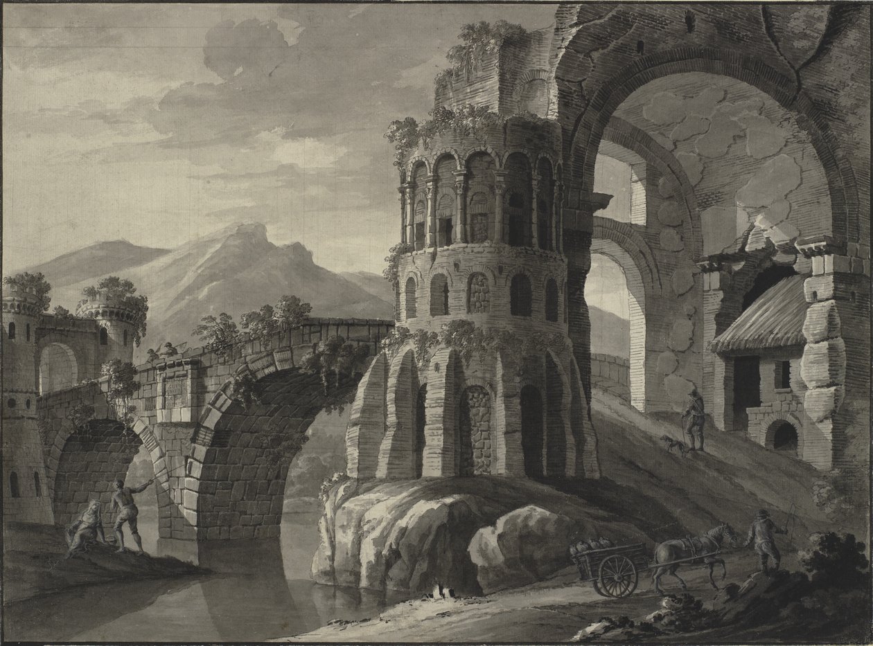 Architektonische Fantasie. Ruine einer antiken Brücke, flankiert von mittelalterlichen Türmen von Robert Adam
