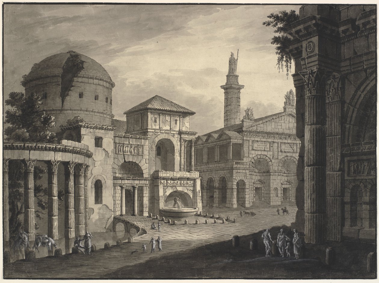 Architektonische Fantasie einer antiken Stadt mit einem Platz und vielen Gebäuden, einige teilweise in Ruinen von Robert Adam