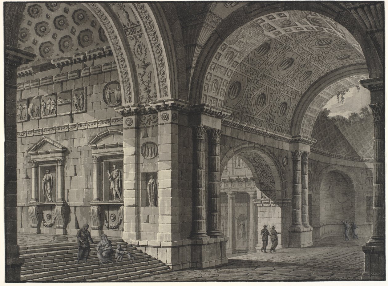 Architektonische Fantasie des Inneren eines antiken Gebäudes mit teilweise zerstörten Gewölben von Robert Adam