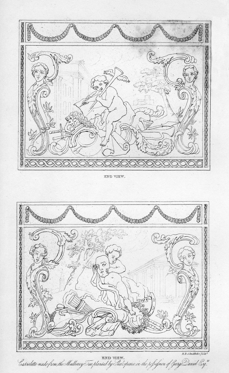 Geschnitzte Kassolette aus dem Holz von Shakespeares Maulbeerbaum, 18. Jahrhundert, 1840 von Robert Blemmell Schnebbelie