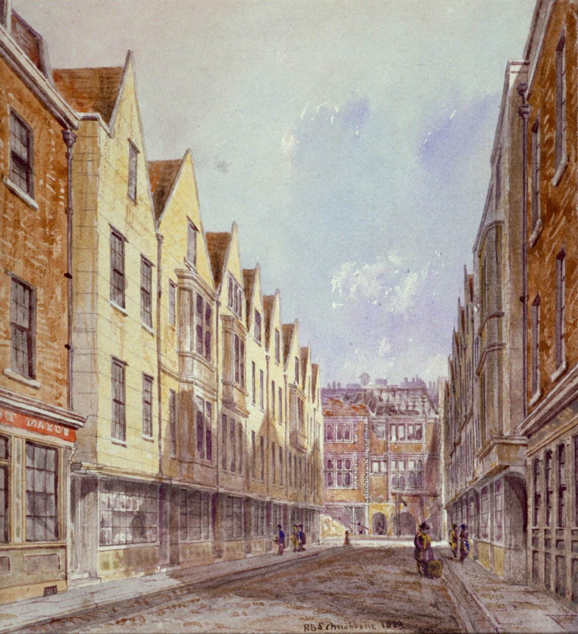 Ansicht der Great Winchester Street mit Winchester Place im Hintergrund, London, 1839 von Robert Blemmell Schnebbelie