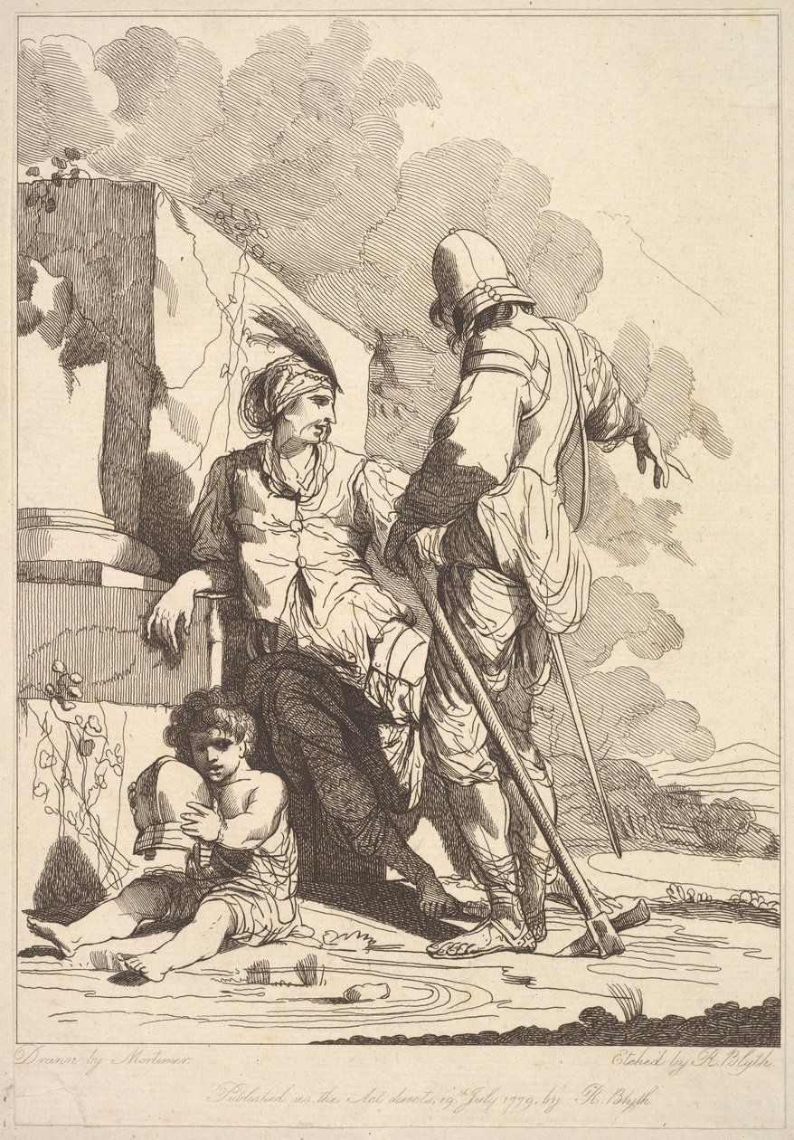 Zwei Soldaten und ein Kind, das einen Helm hält von Robert Blyth