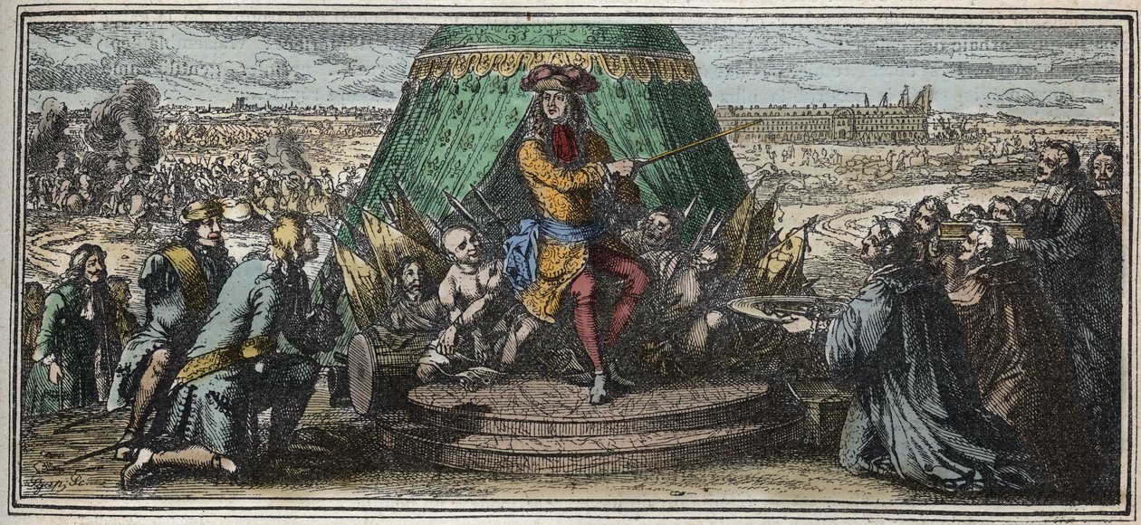 Der Bau der Invaliden in 1670 - Allegorie der Gründung des Hôtel des Invalides - Ludwig XIV. zeigt seinen alten verstümmelten Soldaten das im Bau befindliche Hôtel des Invalides - Gravur von Robert Bonnart (1652-1729). von Robert Bonnard