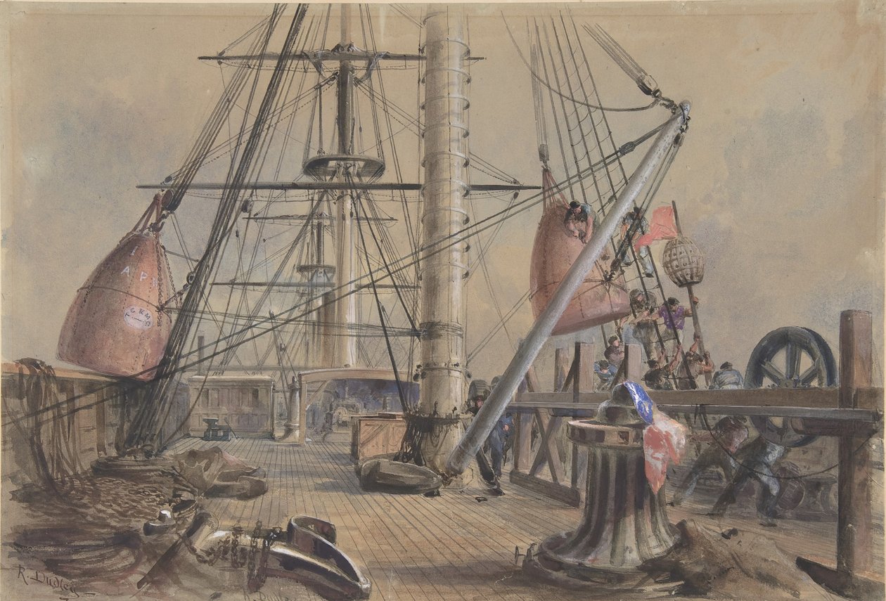 Einen der großen Bojen herausbringen: Das Deck der Great Eastern von..., 1865-66 von Robert Charles Dudley