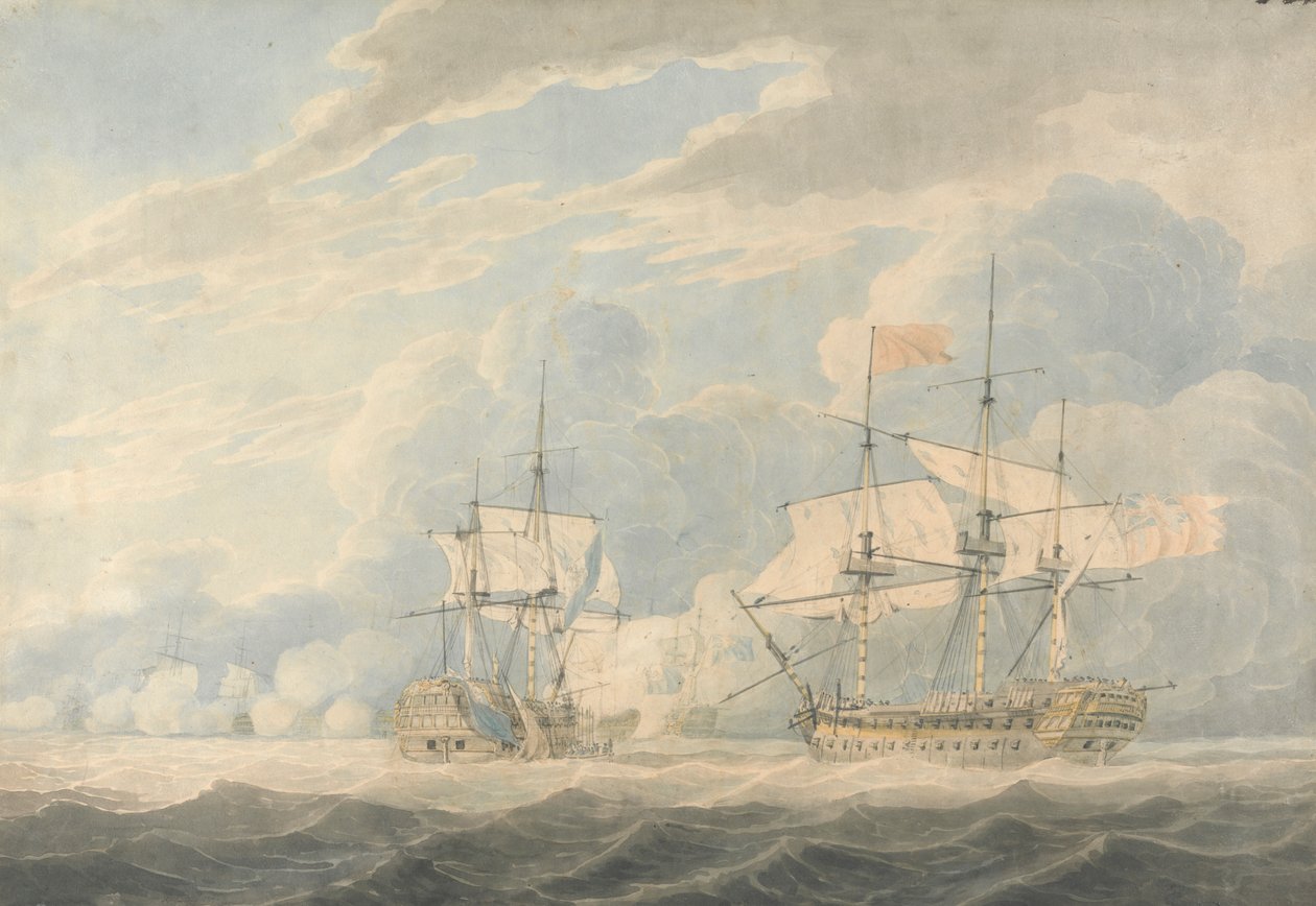 Der niederländische Vizeadmiral unter Admiral De Winter streicht seine Flagge vor dem englischen Vizeadmiral Onslow unter Admiral Duncan in der Schlacht von Camperdown, 11. Oktober 1797 von Robert Cleveley