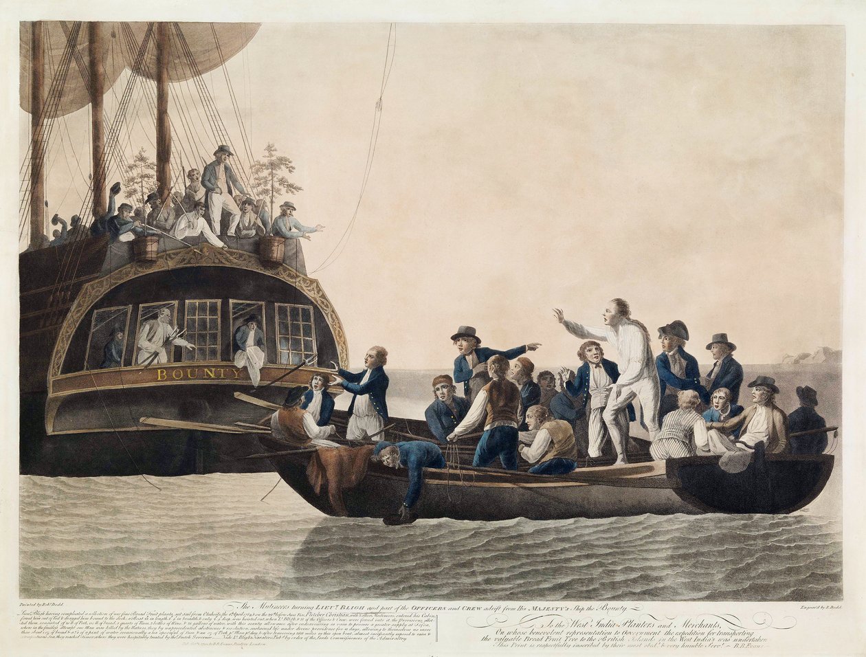 Die Meuterer setzen Leutnant Bligh und einen Teil der Offiziere und Besatzung aus, 29. April 1789, veröffentlicht 1790 von Robert Dodd