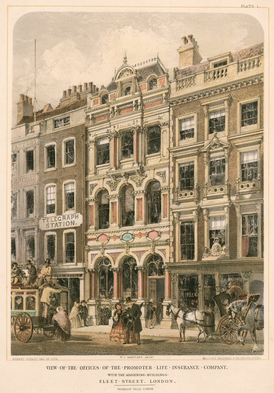 Ansicht der Büros der Promoter Lebensversicherungsgesellschaft mit den angrenzenden Gebäuden, Fleet Street, London (Farblithografie) von Robert Dudley