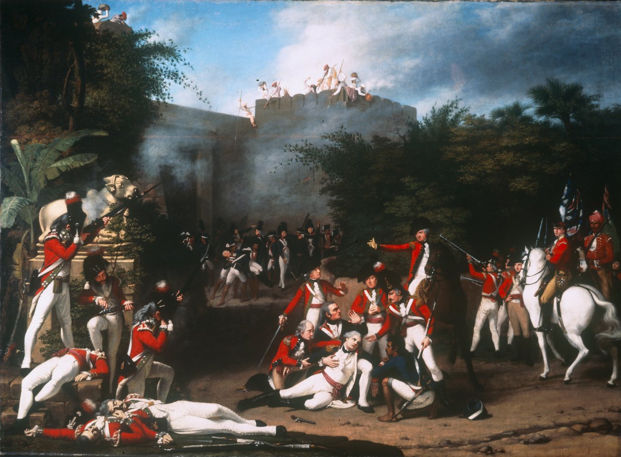 Der Tod von Colonel Moorehouse beim Sturm auf das Pettah-Tor von Bangalore am 7. März 1791, 1793 von Robert Home