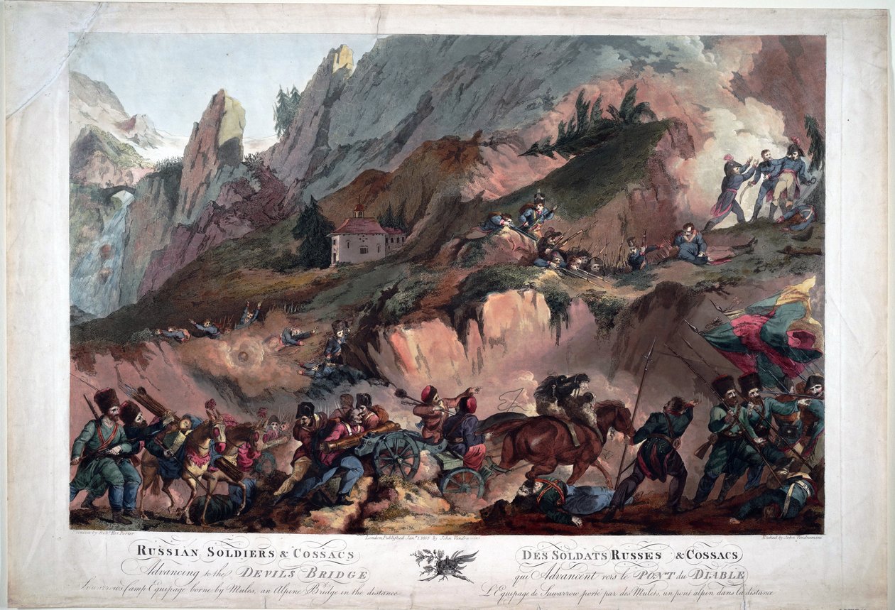 1799 kämpften die Truppen Napoleons auf der Teufelsbrücke gegen die von General Suworow befehligten Russen - Russische Armee überquert die Teufelsbrücke 1799 - Porter, Robert Carr (1777-1842) - 1804 - Aquatinta - 63x91,3 - Private Sammlung von Robert Kerr Porter