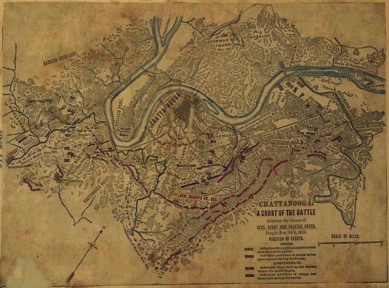 Chattanooga Eine Karte der Schlacht zwischen den Truppen von Gens. Grant und Braxton Bragg, gekämpft am 24.-25. Nov. 1863 von Robert Knox Sneden