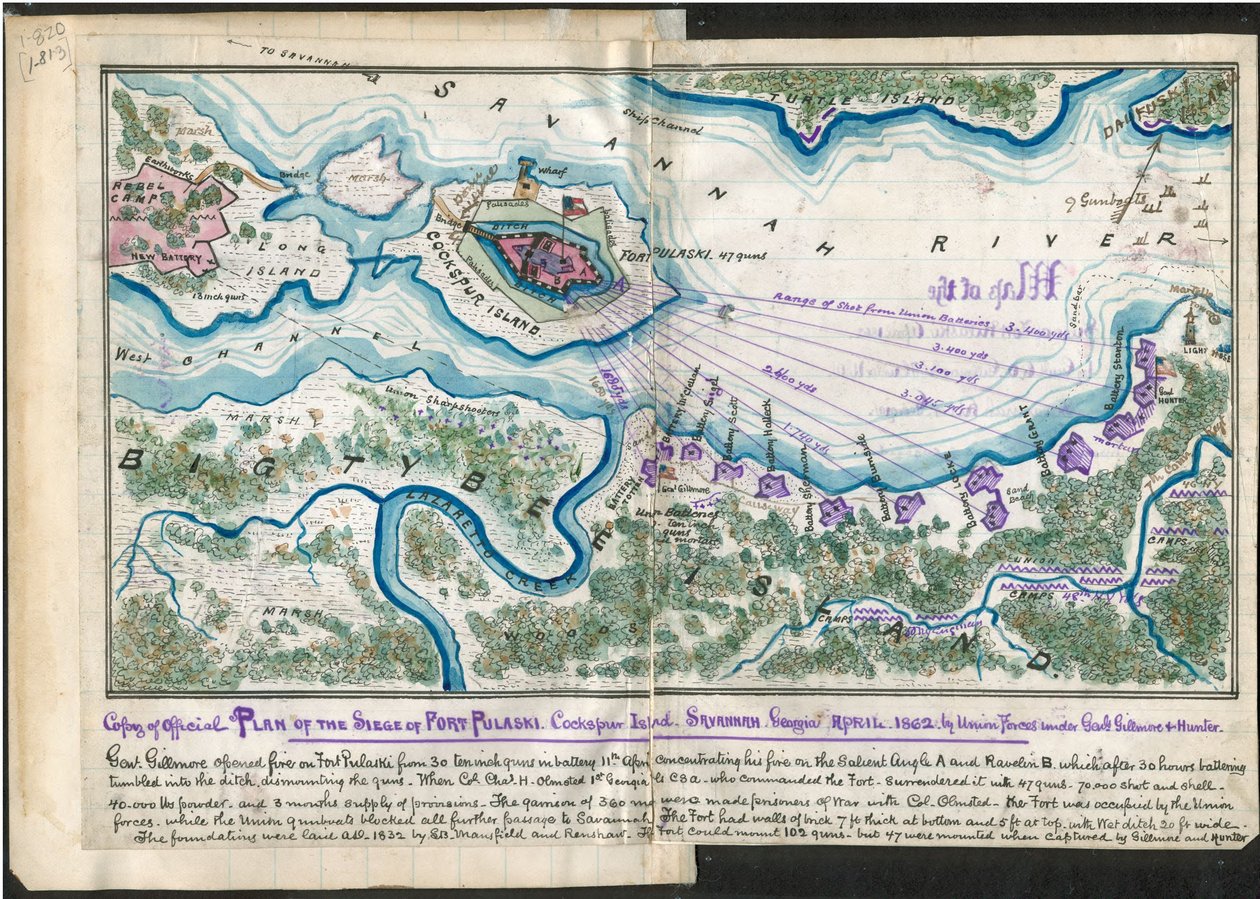 Kopie des offiziellen Plans der Belagerung von Fort Pulaski. Cockspur Island. Savannah Georgia April 1862 - durch Unionstruppen unter Genl Gillmore und Hunter von Robert Knox Sneden