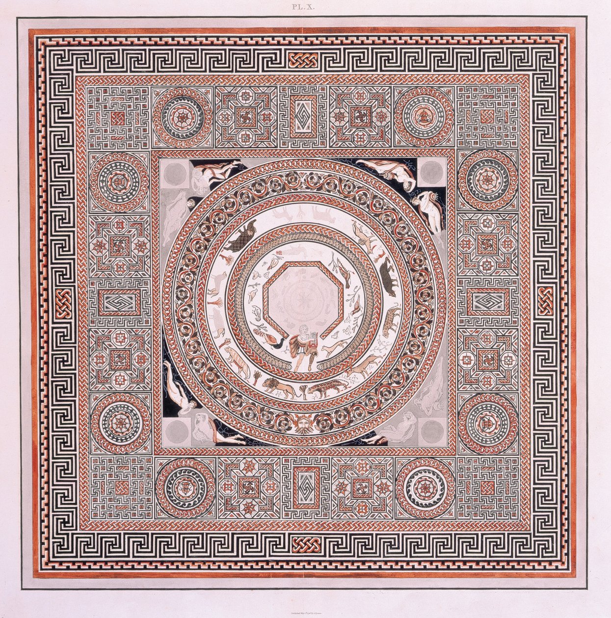 Das Große Mosaik: das Orpheus-Mosaik in der römischen Villa von Woodchester von Robert and Lysons Samuel (after) Smirke