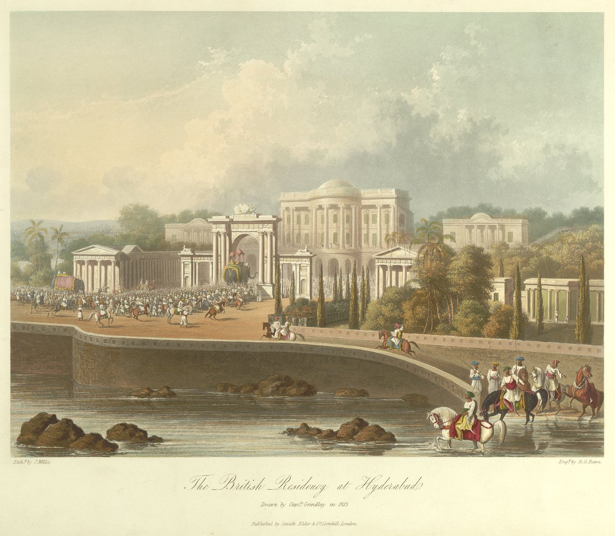 Die britische Residenz in Hyderabad, gezeichnet 1813 von Robert Melville Grindlay