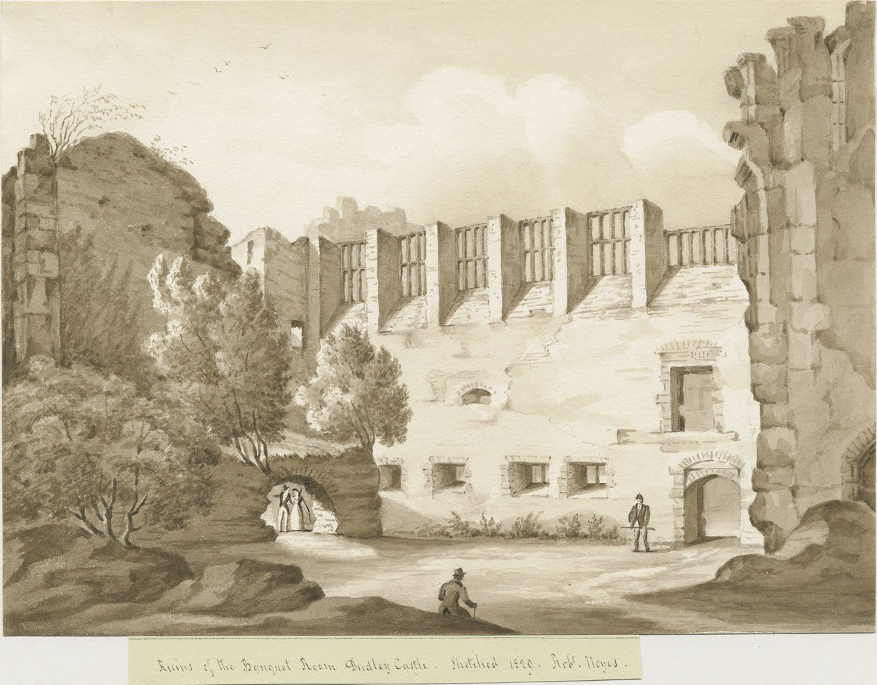 Dudley Castle - Der Bergfried: Sepia-Zeichnung von Robert Noyes