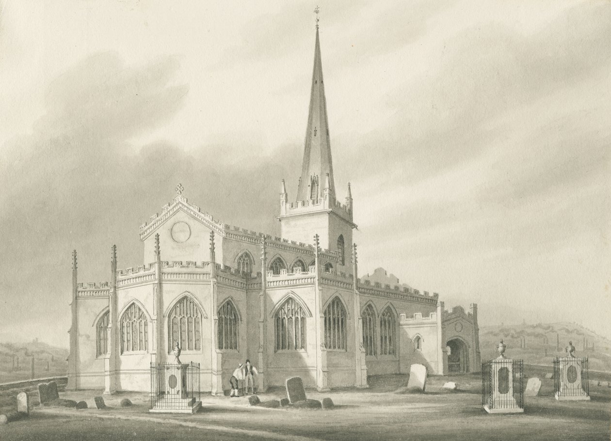 Wednesbury - St. Bartholomäus Kirche: Sepia-Waschzeichnung, undatiert [1827] von Robert Noyes