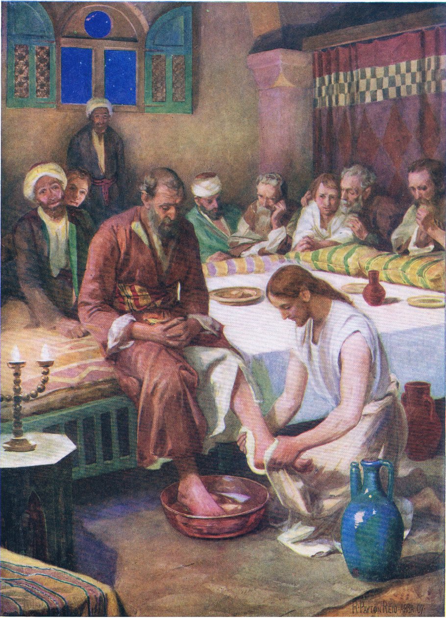 Jesus wäscht den Jüngern die Füße, aus Das Bibelbilderbuch, veröffentlicht von Thomas Nelson, ca. 1950 von Robert Payton Reid