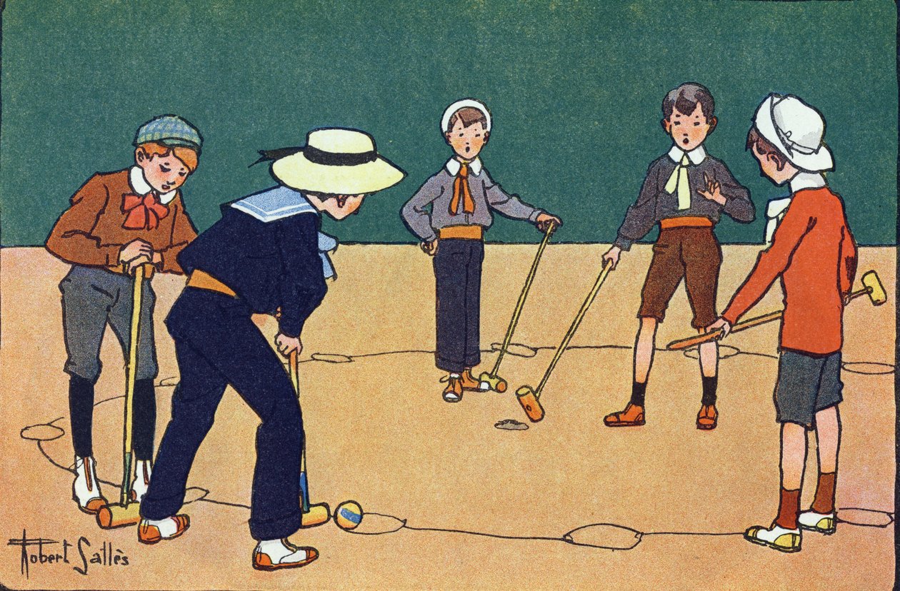 Ball nach Stunden (Geschicklichkeitsspiel mit Bällen und Schlägern). Gravur in "Was spielen wir?" von E. Weber mit Aquarellzeichnungen von Robert Salles (1871-1929). Librairie Garnier Freres, Paris von Robert Salles