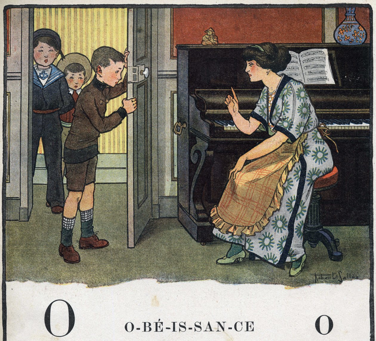 Kinderbuch „Ich werde lesen - Methodisches und lustiges Alphabet von einem Vater“ 1926. Illustration von Robert Salles (1871-1929). Abecedarium: Buchstabe O wie Gehorsam. Eine Mutter schimpft mit ihren Jungen. von Robert Salles