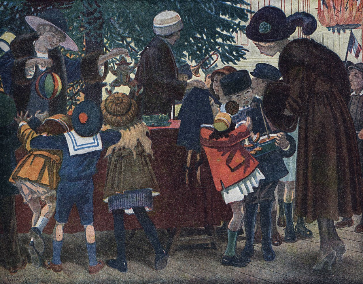 Der Weihnachtsbaum der Lothringer Elsässer: Kinder aus dem Elsass und Lothringen (Elsass-Lothringen) kommen, um ihre Geschenke um den Weihnachtsbaum abzuholen, der der Stadt geschenkt wurde. Illustration von Robert Salles (1871-1929) in „Ich kann lesen“ von Robert Salles