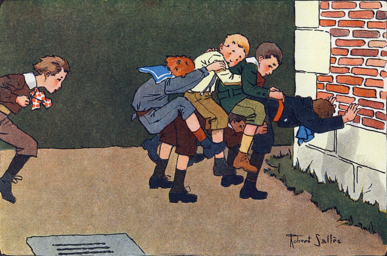 Das geschmolzene Pferd (wenn man springt, muss man einen Kalifurchon auf den Rücken eines anderen Kindes springen, ohne die anderen zu stoßen). Gravur in "Was spielen wir?" von E. Weber mit Aquarellzeichnungen von Robert Salles (1871-1929). Librairie Garni von Robert Salles