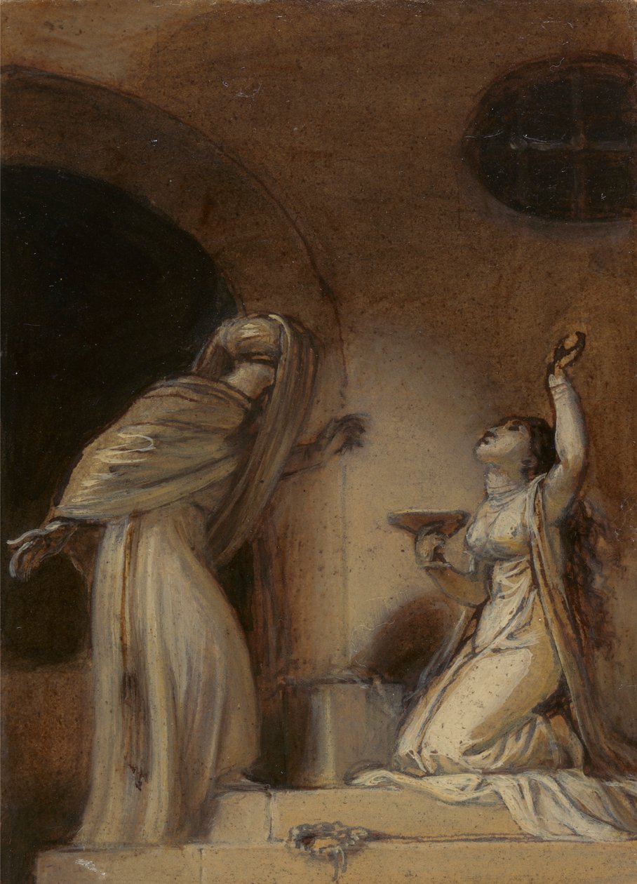 Illustration für eine östliche Romanze, möglicherweise "Die Geschichten aus Tausendundeiner Nacht", mit kniender weiblicher Figur rechts von Robert Smirke