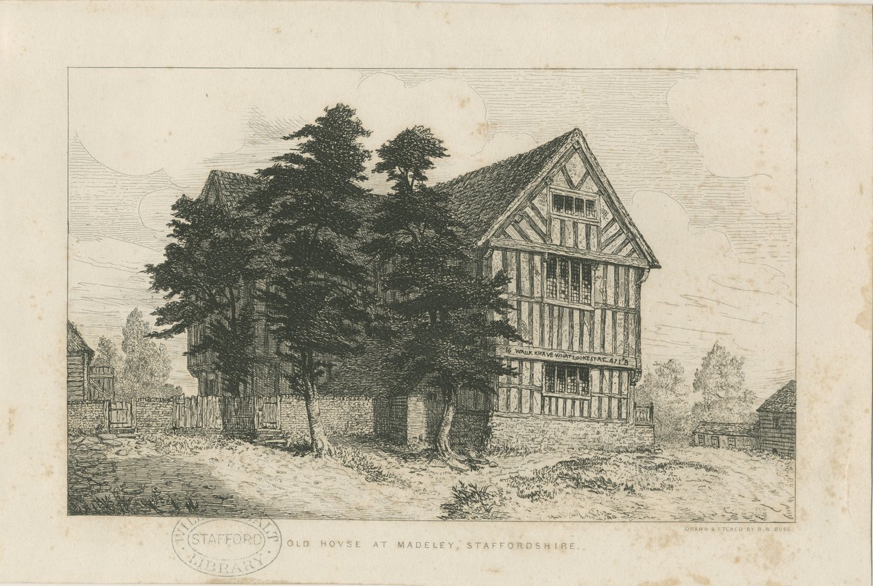 Madeley - Altes Haus: Radierung, nd [1804-1875] von Robert William Buss