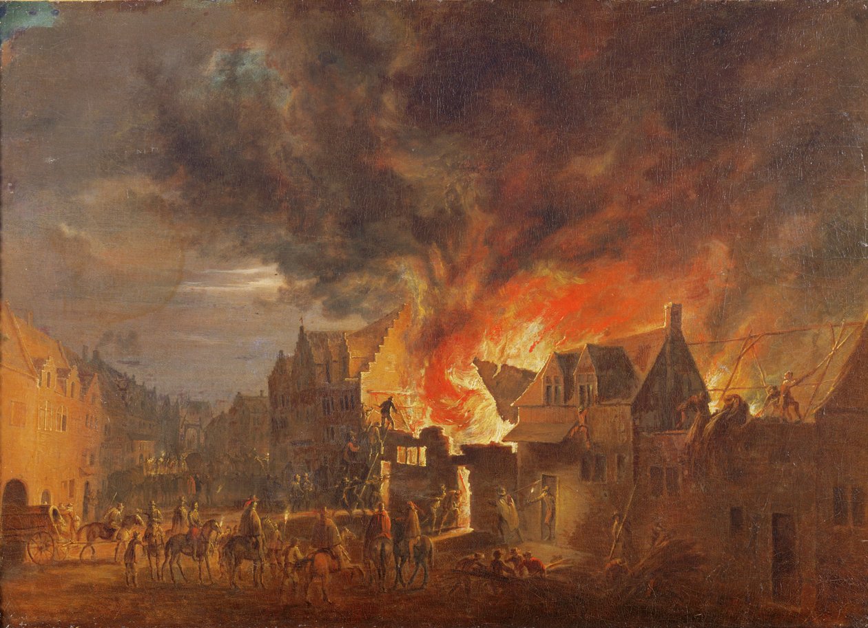 Brüssel in Flammen, mit dem Gouverneur Erzherzog Leopold Wilhelm, der zusieht von Robert van den Hoecke