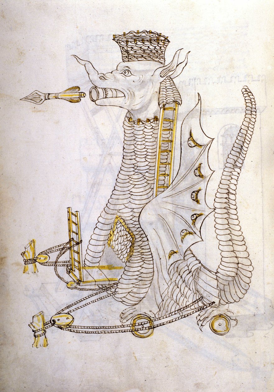 Arabica machina. Illustration einer arabischen Kriegsmaschine in Form eines Drachen mit riesigen Pfeilen aus dem Mund. In 