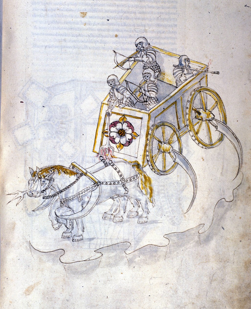 Kunst des Krieges: Studie über militärische Maschinen. Streitwagen mit Sensen, Illustration aus 