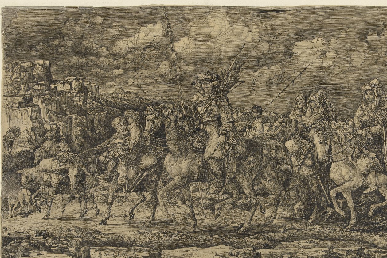 Hunnenkönig mit seinen Frauen, umgeben von Dienern und Vieh, durch eine Landschaft reitend von Rodolphe Bresdin