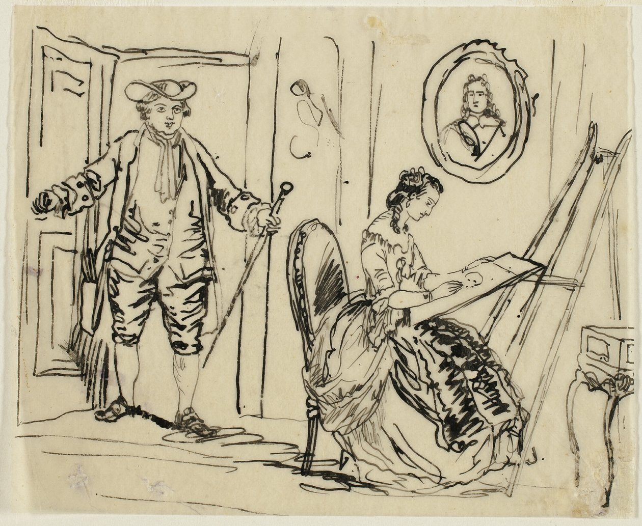 Innenraum mit Mann und Frau in Kleidung des 18. Jahrhunderts von Rodolphe Bresdin