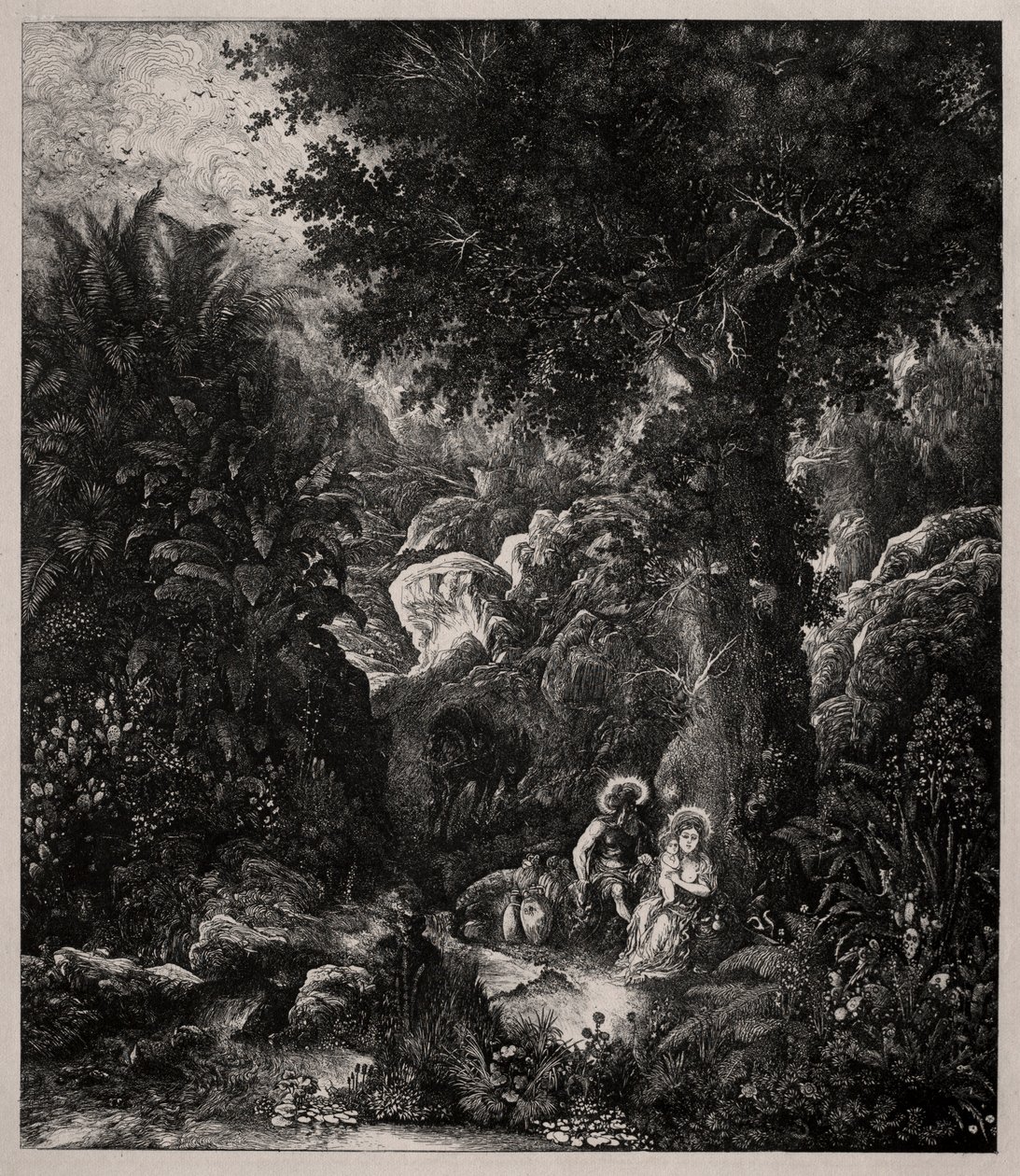 Ruhe auf der Flucht nach Ägypten mit einem gesattelten Esel, 1871 von Rodolphe Bresdin