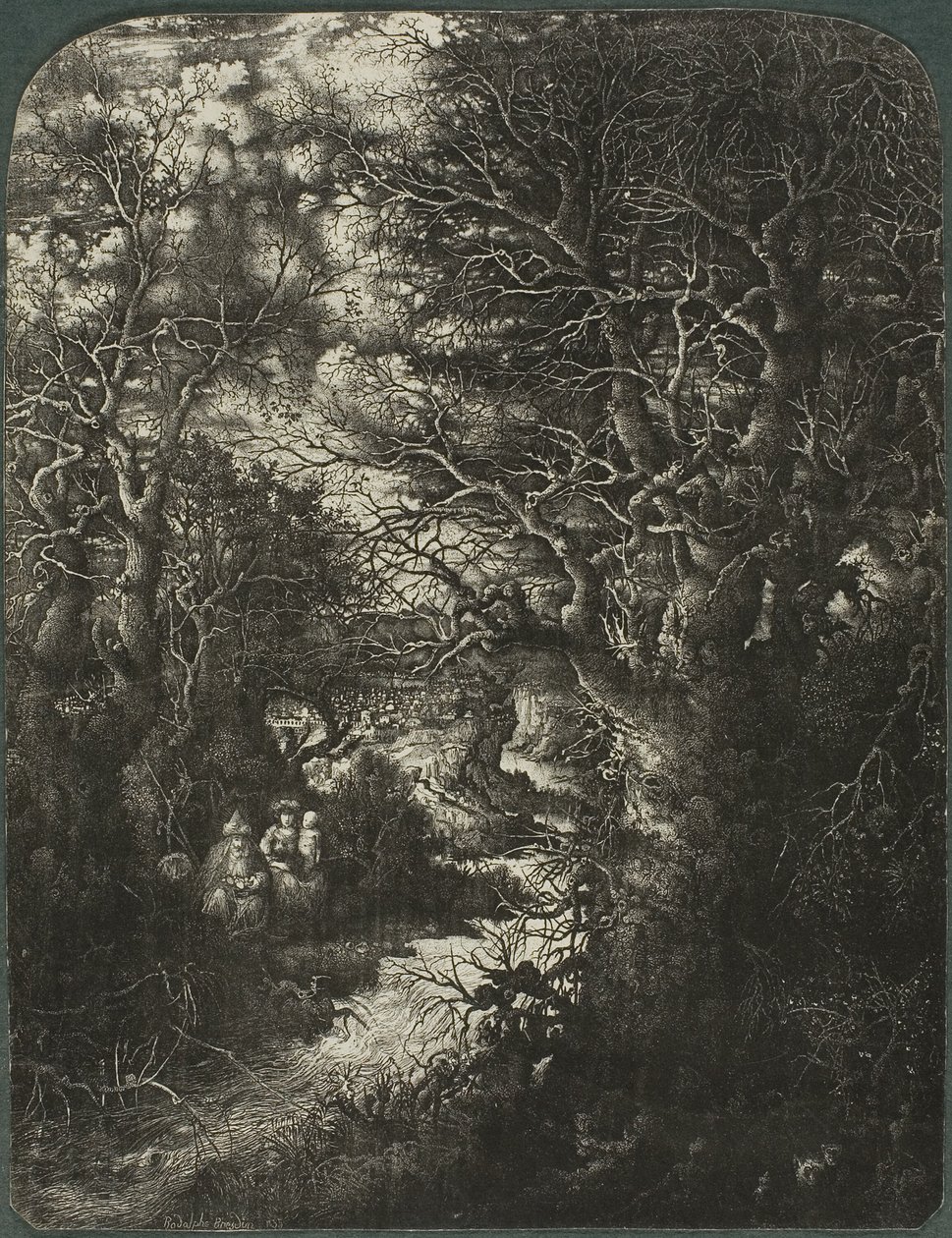 Die Heilige Familie ruht an einem Bach von Rodolphe Bresdin