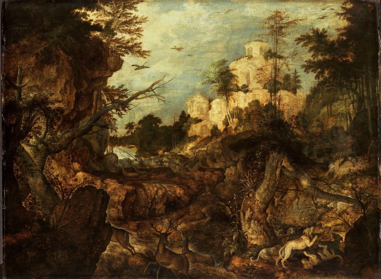 Wildschweinjagd in einer felsigen Landschaft von Roelandt Jacobsz. Savery