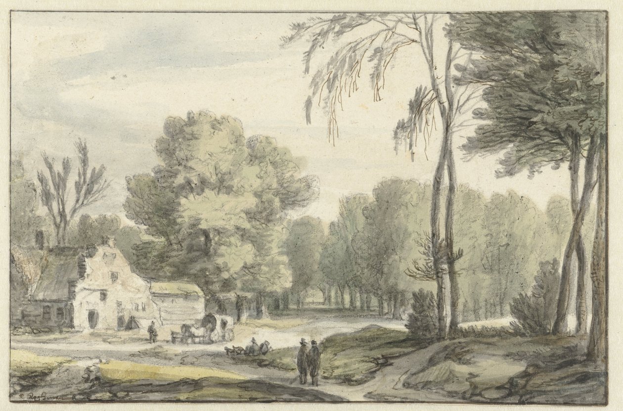 Landschaft mit einem Reisewagen vor einem Bauernhof von Roelant Roghman