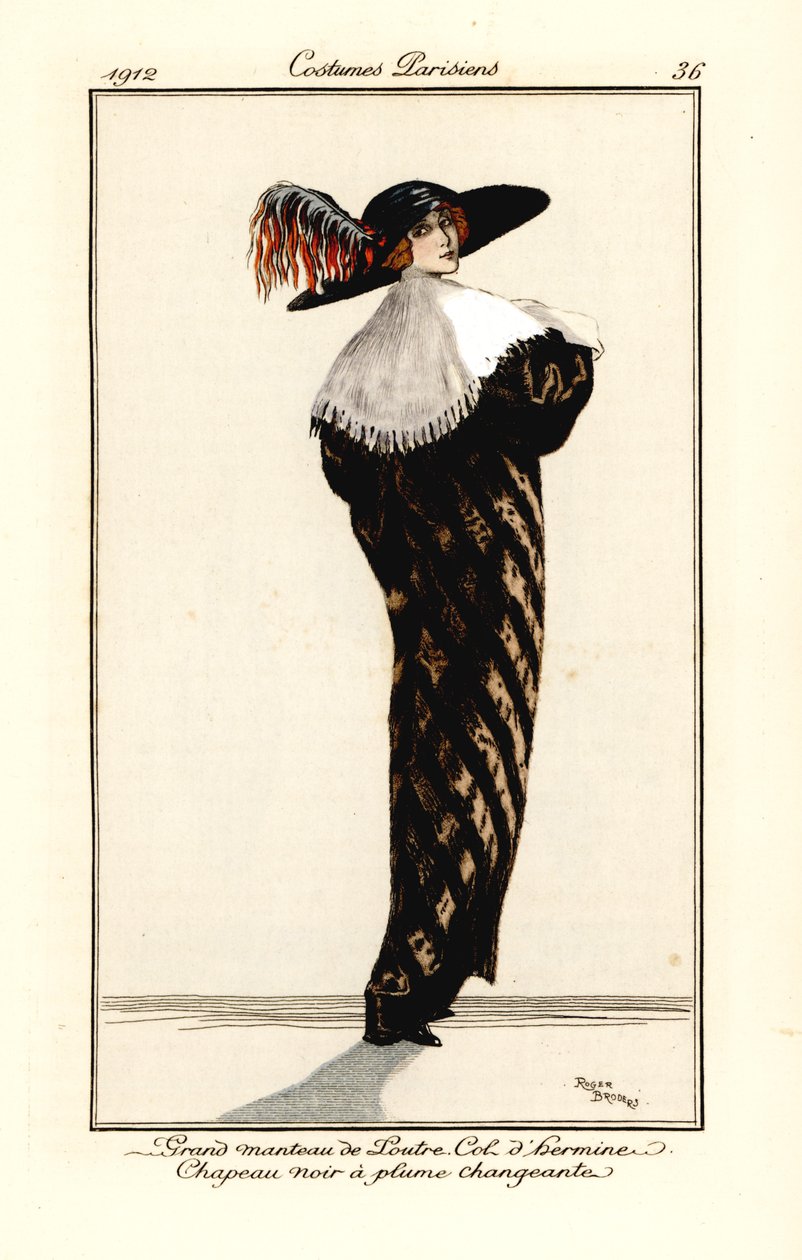 Frau im langen Mantel aus Otterfell mit Hermelinkragen, schwarzer Hut mit mehrfarbiger Feder, Radierung nach einer Illustration von Roger Broders aus Tommaso Antonginis Journal des Dames et des Modes, Aux Bureaux du Journal des Dames, Paris von Roger Broders