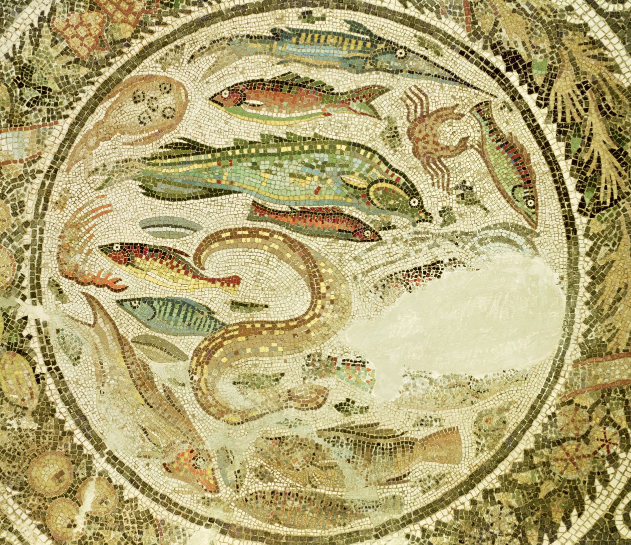 Detail von Fischen, Die vier Jahreszeiten, aus dem Vega Baja Mosaik von Roman