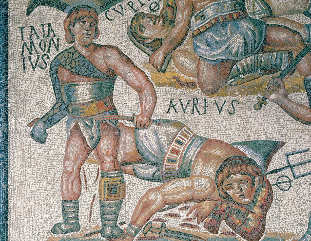 Mosaik zeigt eine Szene kämpfender Gladiatoren (Detail), in der Borghese-Galerie in Rom von Roman Roman