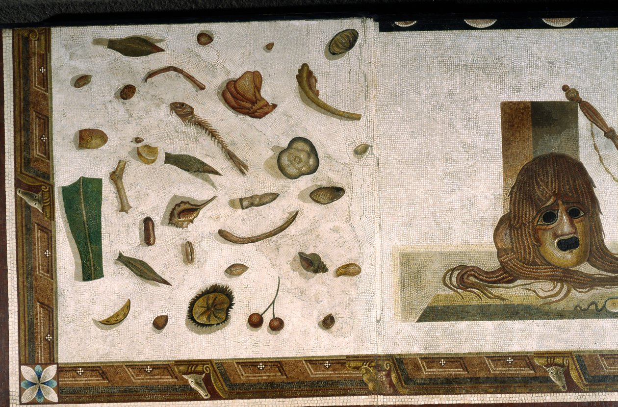 „Asarotos“ (unsauberer Boden) Fragmente eines Mosaiks signiert von Harakliton aus Rom, 2. Jahrhundert n. Chr., Rom von Roman