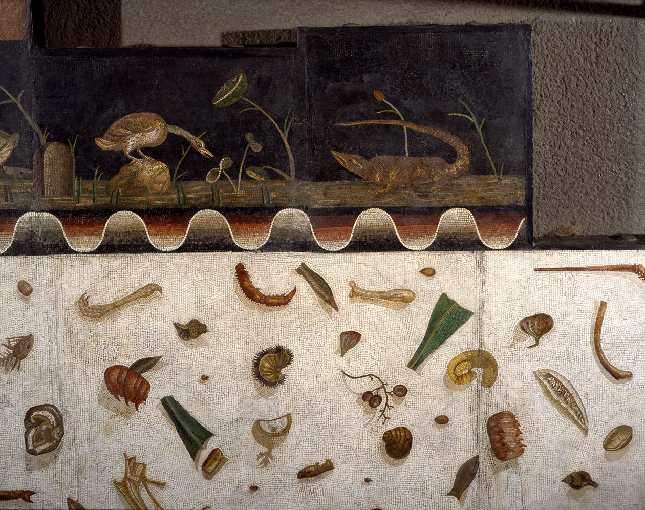 „Asarotos“ (unsauberer Boden) Fragmente eines Mosaiks signiert von Harakliton aus Rom, 2. Jahrhundert n. Chr., Rom von Roman