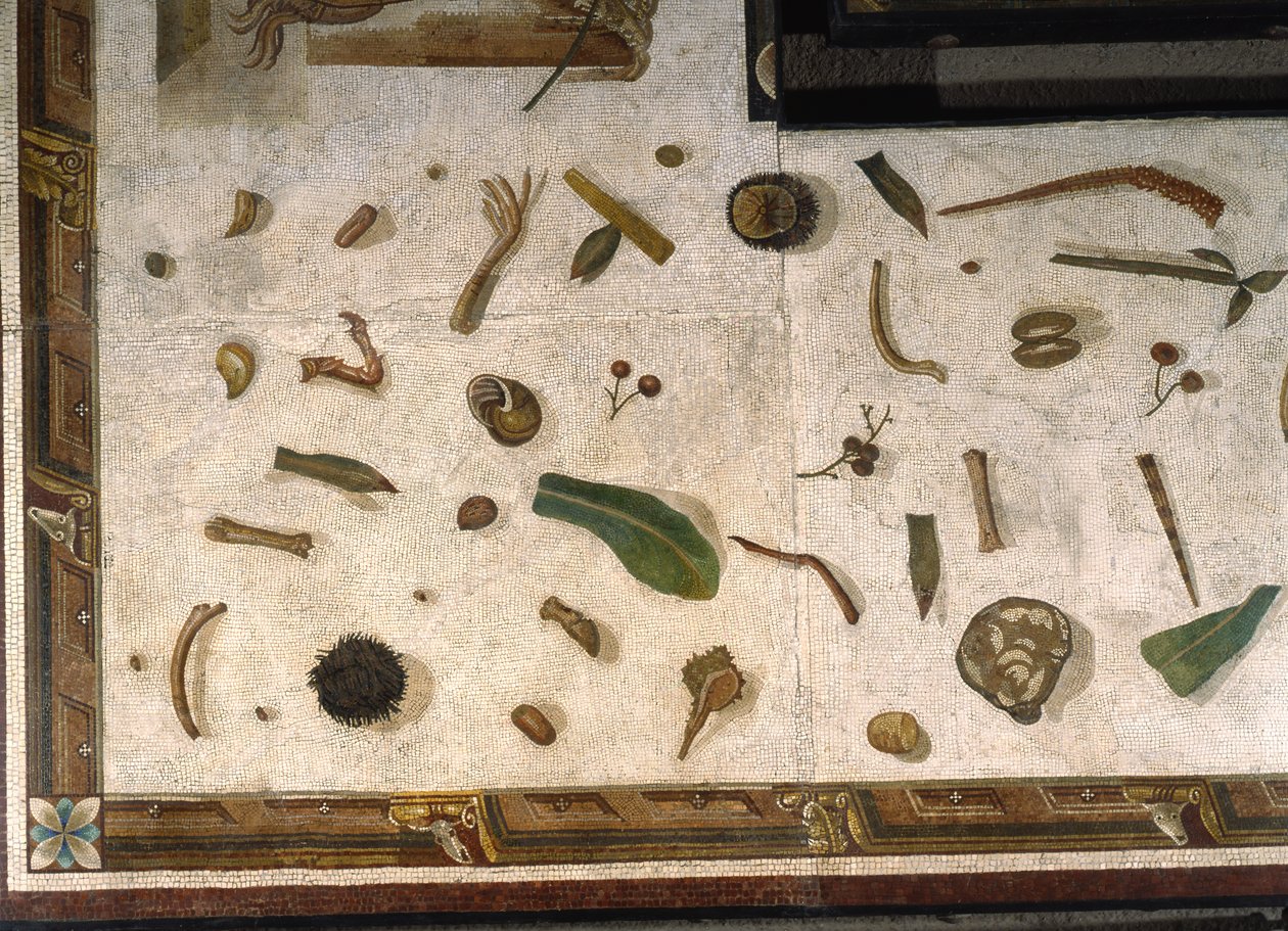 „Asarotos“ (ungesäuberter Boden) Fragmente eines Mosaiks signiert von Harakliton aus Rom, 2. Jahrhundert n. Chr., Rom von Roman