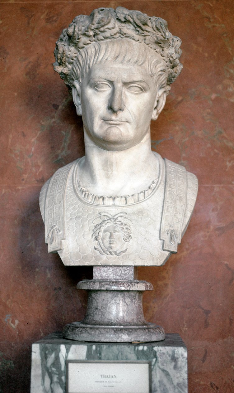 Büste von Kaiser Trajan mit einem Lorbeerkranz und Medusa auf dem Torso (Marmorskulptur, 98-117) von Roman