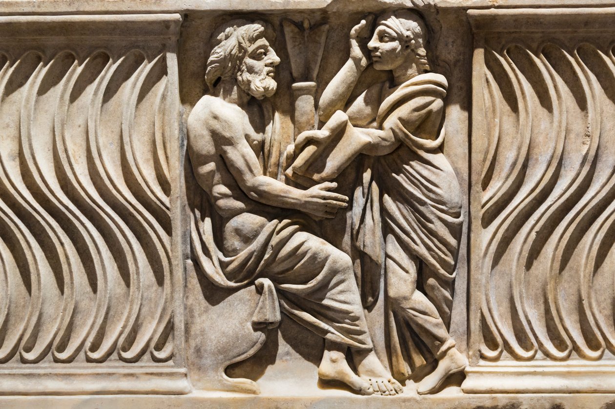 Dekoration auf einem Sarkophag, Bild eines Philosophen und einer Muse von Roman