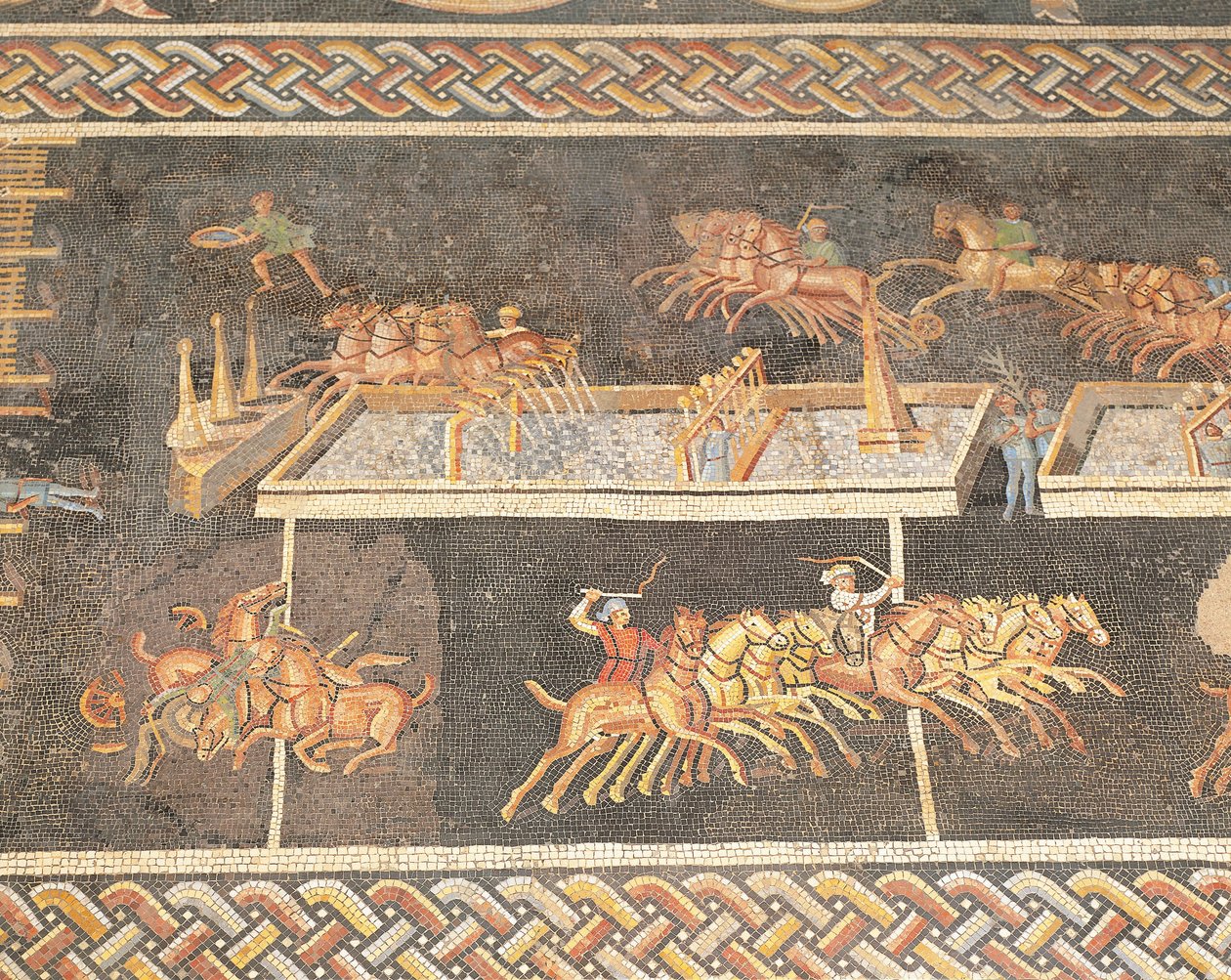 Frankreich, Lyon, Mosaikarbeit, die die Spiele des Zirkus darstellt, Quadriga-Rennen von Roman